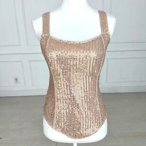 Grace Karin Gold Sequin Corset Top Square Neck Mesh Side Sleeveless Medium NWT